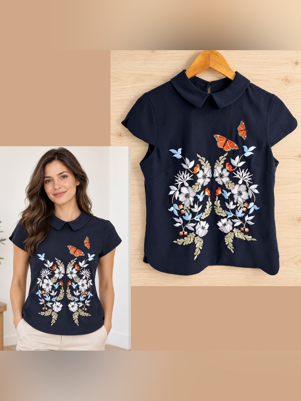 Ted Baker Navy Embroidered Butterfly Floral Peter-Collar Top